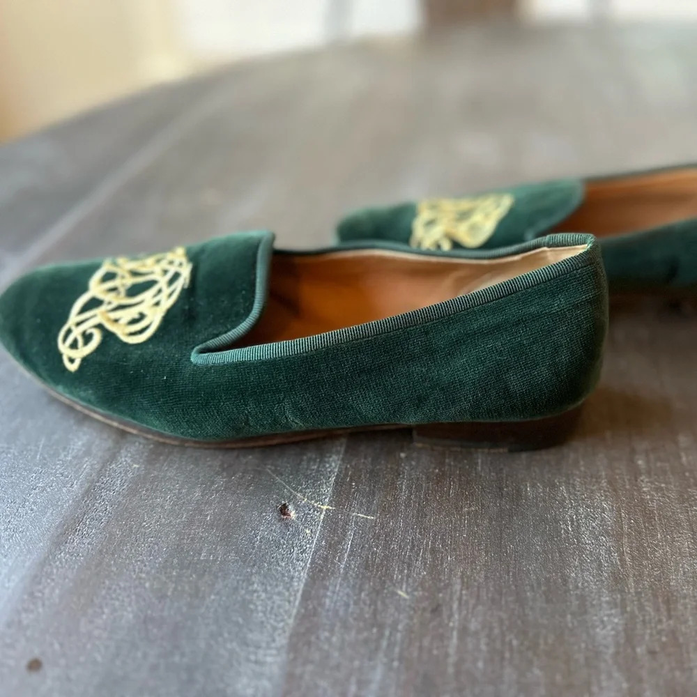 Stubbs & Wootton for J.Crew Classic Velvet Smoking Slippers Loafers Green Sz 6.5 - Picture 4 of 8